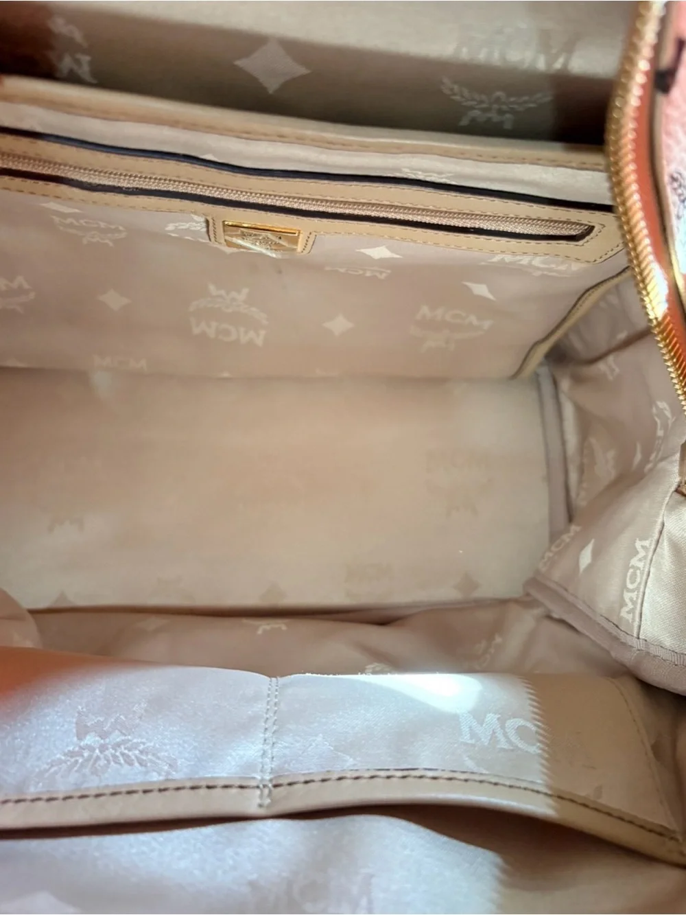 MCM Beige Visetos Logo Studded Backpack with Gold Plaque